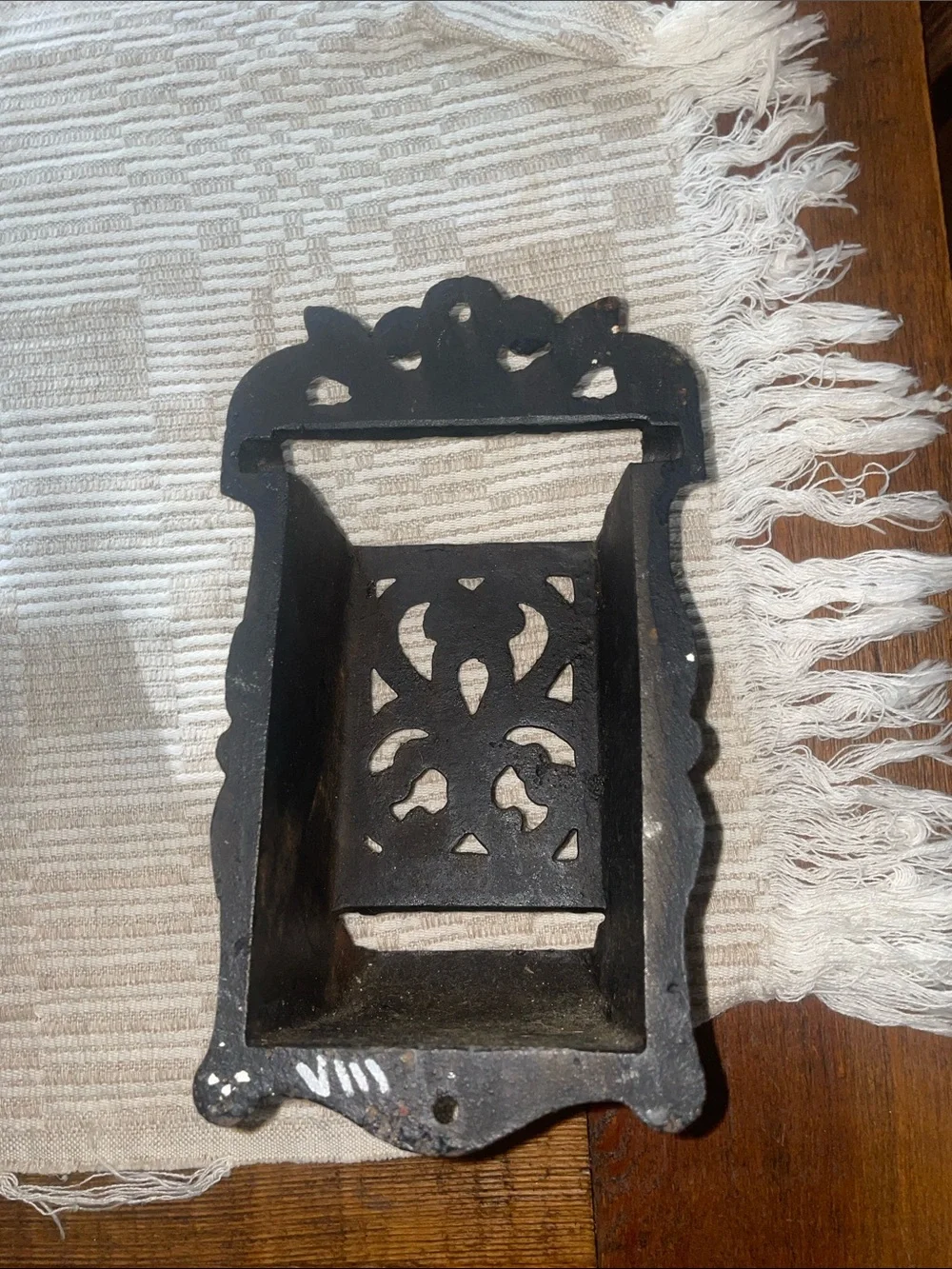 Vintage Ornate Cast Iton Black Match or Toothpick Holder Wall-Mount w Scrollwork